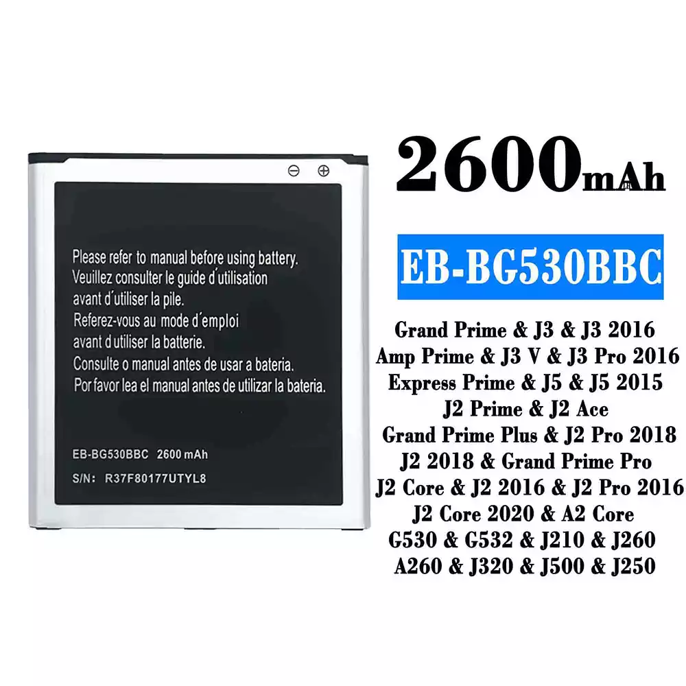 Puhelin Akku EB-BG530BBC sovittaa Samsung J3/J3 2016/J3 V/J3 Pro 2016/J5/J5 2015/J2 Ace/J2 Pro 2018/J2 2018/J2 Core/J2 2016/J2 Pro 2016/J2 Core 2020/A2 Core