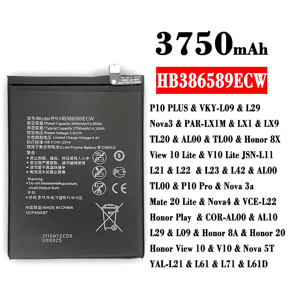 Puhelin Akku HB386589ECW sovittaa HUAWEI P10 PLUS /Nova3 / Honor 8X / View 10 Lite / P10 Pro / Nova 3a / Mate 20 Lite / Nova4 / Honor 8A / Honor 20 / Honor View 10 / Nova 5T